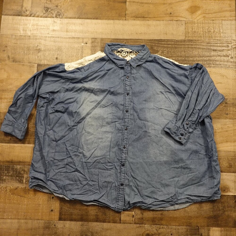Hippie Laundry 3X Chambray Button-Up Shirt with Crochet Lace Back Blue